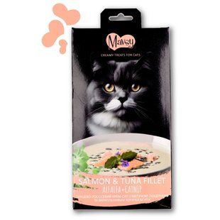 Лакомство кремовое для кошек Mavsy Creamy superfood SALMON AND TUNA FILLET WITH ALFALFA AND SPLASHED OF CATNIP FOR CATS в виде тунцево-лососевого крема супа с цветущей люцерной и вкраплениями кошачьей мяты, 15 г (5 шт) MAVSY06 фото