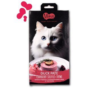 Ласощі кремові для котів Mavsy Creamy superfood DUCK BREAST PATE WITH CRANBERRY SOUFFL&Eacute; AND THYME у вигляді паштету з качиної грудинки, журавлинового суфле та тим'яну, 15 г (5 шт) MAVSY05 фото
