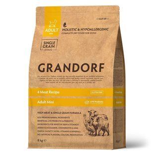 Grandorf Сухий корм для дорослих собак міні порід Grandorf FOUR MEAT ADULT міні 4 види м'яса і пробіотики, 8 кг 93708 фото