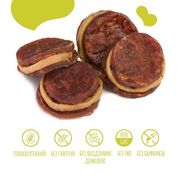 Ласощі для собак від 3-х місяців Mavsy Refined jerky TURKEY AND DUCK STEAK WITH KIWI SAUCE біфштекс з індички та качки під ківі соусом, 100 г LSRM03 фото