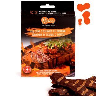 Лакомство для собак от 3-х месяцев Mavsy Refined jerky BBQ VENISON STEAK WITH SUN-DRIED TOMATOES ON A BED OF PUMPKIN стейк из оленины с вялеными томатами на подушке из тыквы, 100 г LSRM06 фото