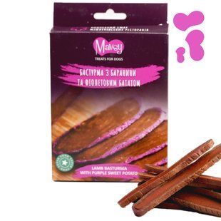 Лакомство для собак от 3-х месяцев Mavsy Refined jerky LAMB BASTURMA WITH PURPLE SWEET POTATO бастурма с бараниной и фиолетовым бататом, 100 г LSRM08 фото