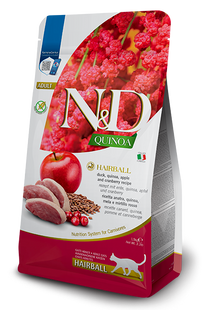 Farmina N&D Quinoa Hairball Adult Cat для взрослых котов для стимулирования выведения шерстяных комков, с уткой, киноа, яблоком и клюквой, 300 г 177894 фото