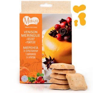 Ласощі для собак від 3-х місяців Mavsy Freeze dried VENISON MERINGUE WITH ROSE HIPS AND PUMPKIN з оленини з шипшиною та гарбузом, 50 г FDMAVSY06 фото