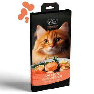 Лакомство кремовое для кошек Mavsy Creamy superfood SALMON WITH SCALLOP AND RED CAVIAR FOR CATS в виде кремообразного пюре филе лосося с морской расческой и красной икрой, 15 г (5 шт) MAVSY04 фото